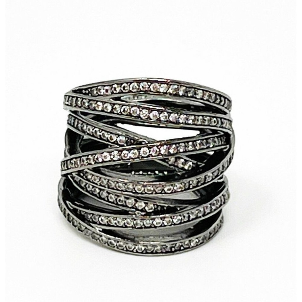 Henri Bendel Gunmetal/Black Clear Pave Crystal Multi Band Ring Size 6.5